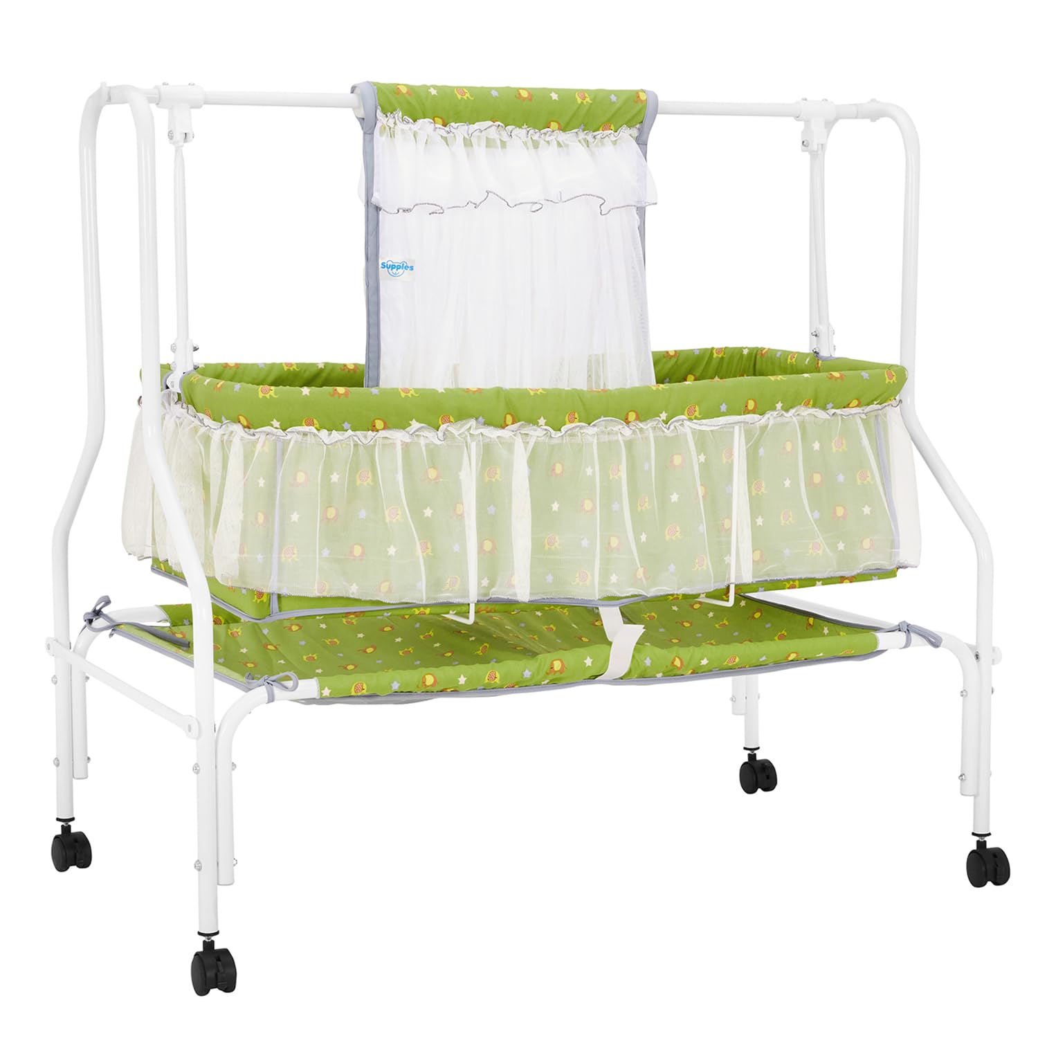 Supples Baby Cradle With Swing & Mosquito Net | For 0-8 Months Baby | Four Wheels With Brakes | Swing Lock & Storage | Sturdy & Safe | Green